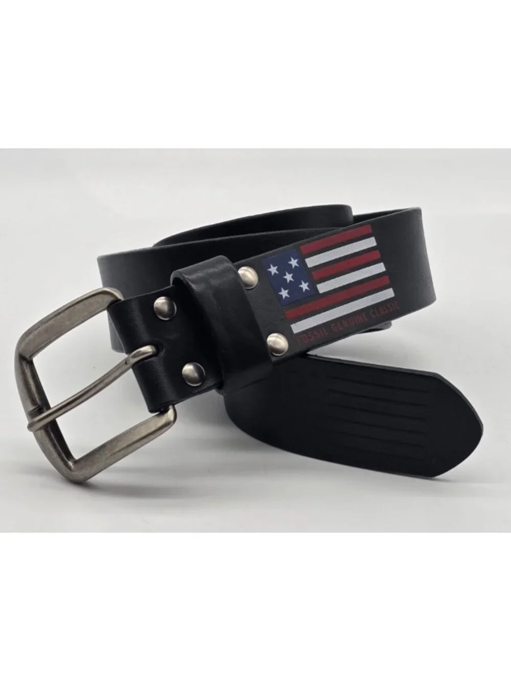 Fossil Genuine Classic Belt Men's Size 34 American Flag Patriotic Black Leather